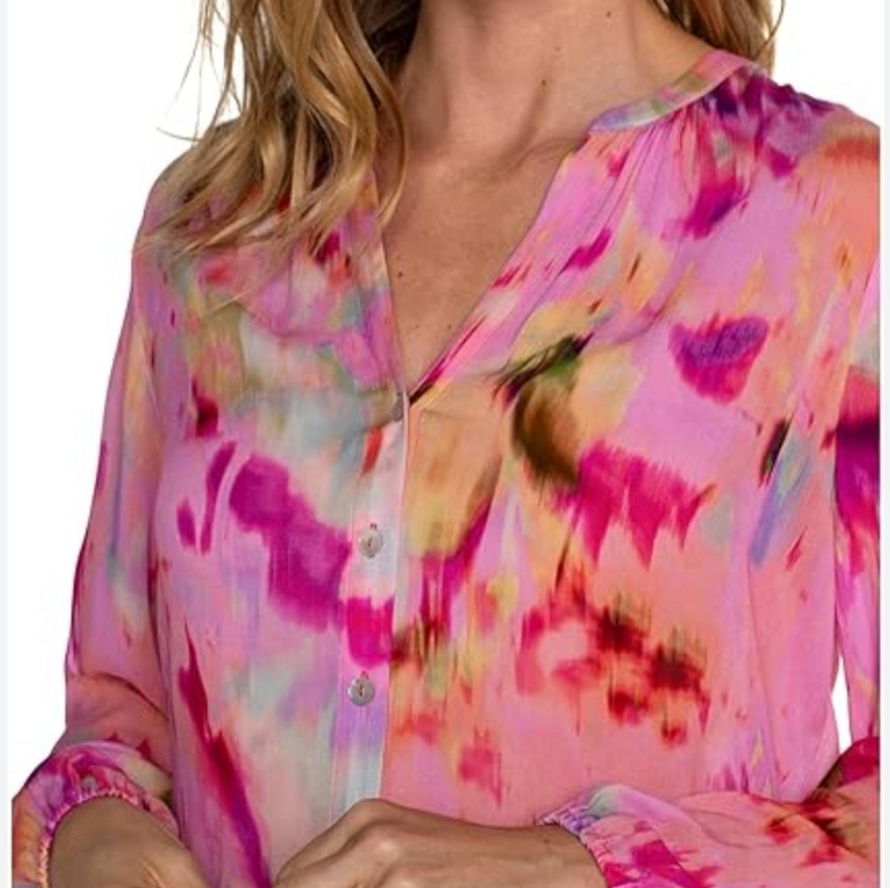 Liverpool Los Angeles Water color Shirred Long Sleeve Chiffon Button-Up Top